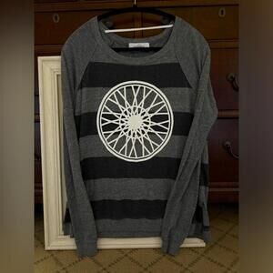 Soul Cycle long sleeve gray striped T-shirt with white design on front.  S